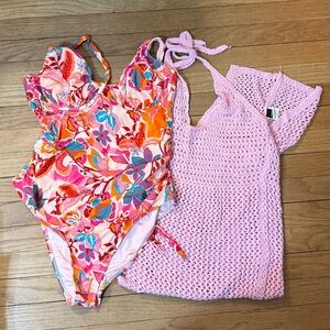 2 set pink swimsuit and long slit crochet dress